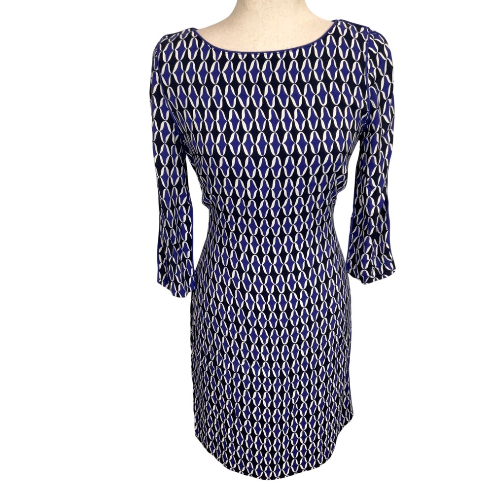 Boden‎ Sheath Dress Womens 6 Blue Geometric Excellent 3/4 Sleeve Back Tie